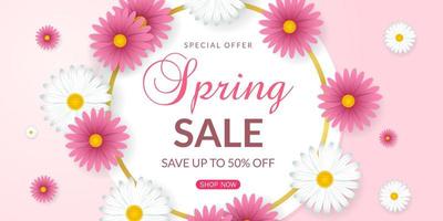 Spring sale background with beautiful white and pink flowers vector