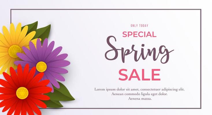 Spring sale background with beautiful red, yellow and purple flowers