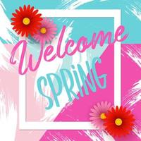 Welcome Spring with beautiful flowers on pastel coloured background vector