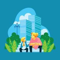 Son Eating a Burger With His Mother in The City Park vector