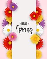 Hello spring background with colorful flowers and white frame vector