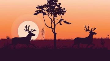 Deer in the forest beautiful sunset scenery vector illustration
