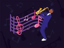 Hombre músico con saxofón de diseño de vector de festival de música