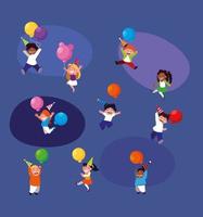 Dibujos animados de niñas y niños con diseño de vector de globos de feliz cumpleaños