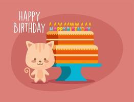 pastel de dibujos animados de gato y diseño de vector de feliz cumpleaños