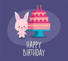 Pastel de dibujos animados de conejo y diseño de vector de feliz cumpleaños