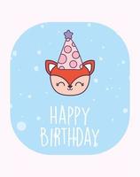 Dibujos animados de zorro con sombrero y diseño de vector de feliz cumpleaños