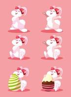 set of bunnies with easter eggs, happy easter vector