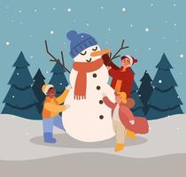 familia haciendo un muñeco de nieve vector
