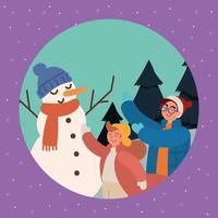 kids and snowman vector