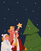 family decorating christmas tree vector