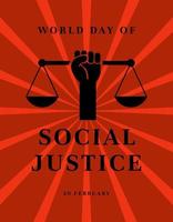 world day of social justice banner vector illustration with handhold up scales of justice on a red background