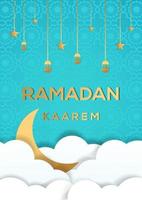 Ilustración de fondo de ramadan kareem con estilo de corte de papel, con adorno de nube, estrella y lampion vector