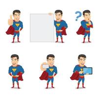 Set of superhero character in 6 different poses with copy space whiteboard vector