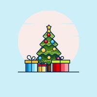 árbol de navidad decorado con la cadena de bolas y bulbos con cajas de regalo debajo del árbol. Ilustración de vector de pino de estilo plano aislado con fondo azul
