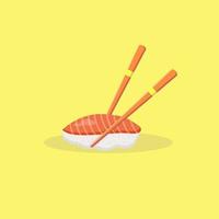 salmon sushi illustration with the chopstick. sushi vector flat design, traditional japan foods illustration, rice vector, salmon vector