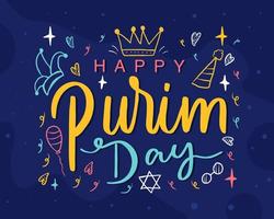 vector design happy purim day hand drawn and hand lettering with ornament