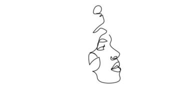 viso di donna disegno a linea singola con fiori arte a linea continua un mazzo di fiori nella testa di una donna, arte a linea singola cosmetici naturali semplice opera d'arte pittura in bianco e nero video