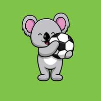 Lindo koala con ilustración de icono de vector de dibujos animados de balón de fútbol. concepto de icono de deporte animal aislado vector premium. estilo de dibujos animados plana