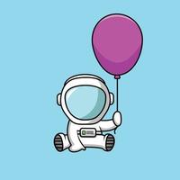 Lindo astronauta sentado con sosteniendo globo ilustración de icono de vector de dibujos animados. concepto de icono de vacaciones de ciencia aislado vector premium. estilo de dibujos animados plana