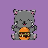 Cute Cat Eat Burger Cartoon Vector Icon Illustration. Animal Food Icon Concept Isolated Premium Vector. Flat Cartoon Style