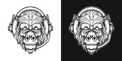 Gorilla Headset Head Logo Line Art vector