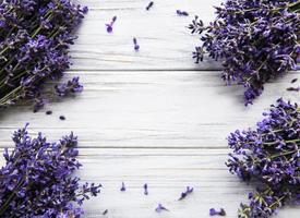 Fresh flowers of lavender bouquet, top view on white wooden background photo