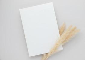 maqueta de tarjeta de invitación blanca con hierba seca y jarrón de cerámica sobre fondo beige, composición mínima de lugar de trabajo beige, plano, maqueta foto