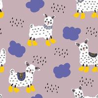 Llamas in yellow boots walking in the rain seamless pattern. vector