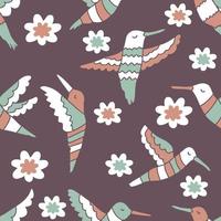 Doodle hummingbirds and flowers summer seamless pattern. vector