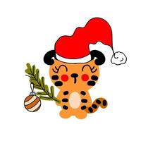 cachorro de tigre dibujado a mano con sombrero de santa claus con juguete de año nuevo. vector