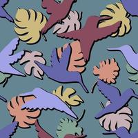 Summer hummingbirds and leaves hand drawn seamless pattern. vector