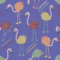 Seamless pattern with strawberry flamingo and inscription. vector