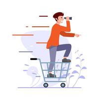 trastorno de consumismo, hombre busca artículos en la tienda, va de compras concepto ilustración diseño plano vector eps10, elemento gráfico para página de destino, aplicación de estado vacía o interfaz de usuario web, medios sociales, infografía