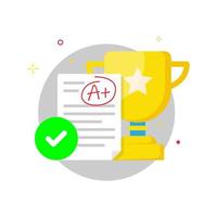 trophy and exam paper pass with good grade a plus sign concept illustration flat design vector eps10. modern graphic element for landing page, empty state ui, infographic, icon, etc