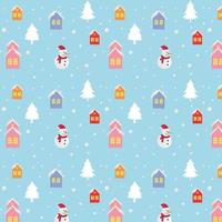 patrón de invierno con casas y muñeco de nieve, vector