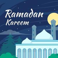 Vista de la mezquita en la noche, fondo de Ramadán Kareem Mubarak para la plantilla de redes sociales, tarjeta de felicitación en el paisaje de ilustración de diseño plano vector