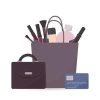 Cosmetic accessories and perfume in shopping bag, purse and credit card. Shopping concept. Flat vector illustration.