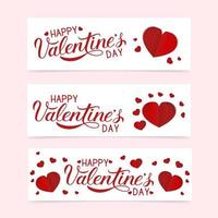 Happy Valentine s day banners set with calligraphy hand lettering and 3d origami paper cut hearts. Valentines day greeting card layout. Vector illustration. Easy to edit design template.