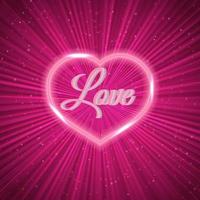 Neon heart on pink abstract glowing background. Retro Valentine s Day greeting card. Easy to edit design template. Vector illustration.