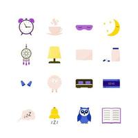 Sleep and Insomnia vector icon set. Sleep problems and sleeplessness concept. Alarm, bed, pillow, pills, dreamcatcher, earplug, cup, sleeping mask, owl, sheep flat objects. Easy to edit template.