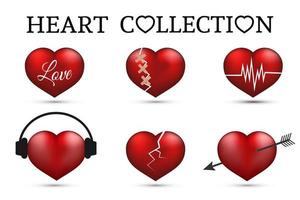 Red heart collections. Set of six realistic hearts isolated on white background. 3d icons. Valentine s day vector illustration. Love story symbol. Easy to edit design template.