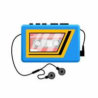 Walkman portable audio with cassette tape and earbuds. Retro music player vector illustration, isolated on white background.