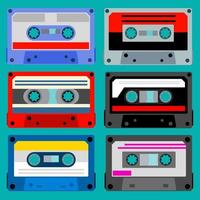 Vintage cassette tape. Retro mixtape collection, 1980s pop songs tapes and stereo music cassettes. 90s hifi disco dance audiocassette, analogue player record cassette. Vector Illustration