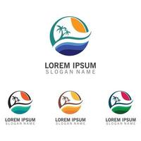 summer water wave logo template, circular sun logo, holiday, beach icon illustration vector