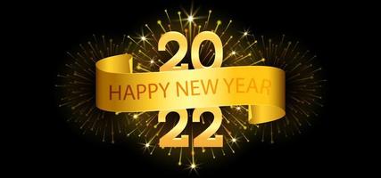 Illustration Happy New Year 2022 with gold number, ribbon and firework on black background vector