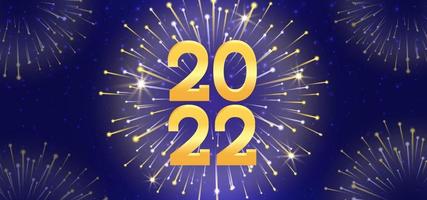 Illustration Happy New Year 2022 with gold number and firework on luxury purple background vector