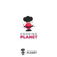 Plantilla de logotipo de planeta de cocina planeta con anillo y gorro de cocinero icono símbolo ilustración vector