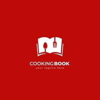 Símbolo de icono de logotipo de libro de cocina con libro de recetas abierto, tenedor y cuchara en un logotipo de estilo de espacio negativo simple vector