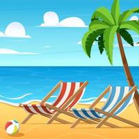 Empty beautiful beach and cozy beach chairs. summer  background. vector